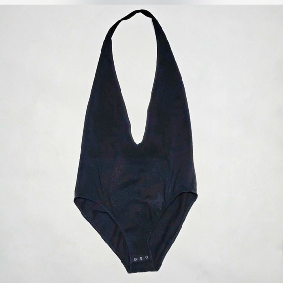 Victoria's Secret Tops - Victoria’s Secret Black Plunge Neck Halter Style Bodysuit, Size M